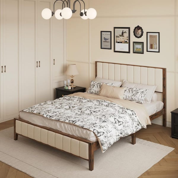 Brown Acacia Wood Bed Frame Queen Panel Bed with Upholstered Headboard and Solid Wood Legs