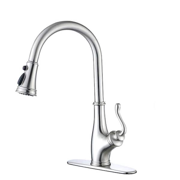 16.3 in Single-Handle Stainless Steel 360° Spout Swivel with Pull Down Sprayer Kitchen Faucets in Brushed Nickel