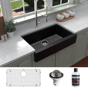 QAR-740 Quartz/Granite 34 in. Single Bowl Retrofit Farmhouse/Apron Front Kitchen Sink in Black with Grid and Strainer