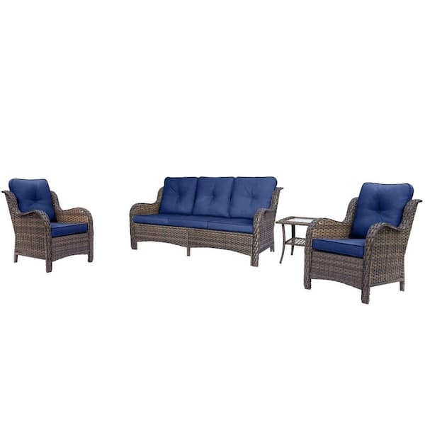Brown 4-Piece Wicker Patio Conversation Set Outdoor 3-Seat Sofa Armrest Chairs with Navy Blue Cushions and Side Table
