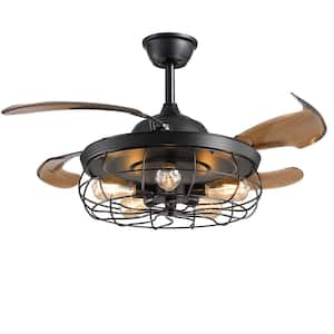 42 in. 5-Light Indoor Industrial Black Caged Ceiling Fan with Light Farmhouse Retractable Ceiling Fan with Remote