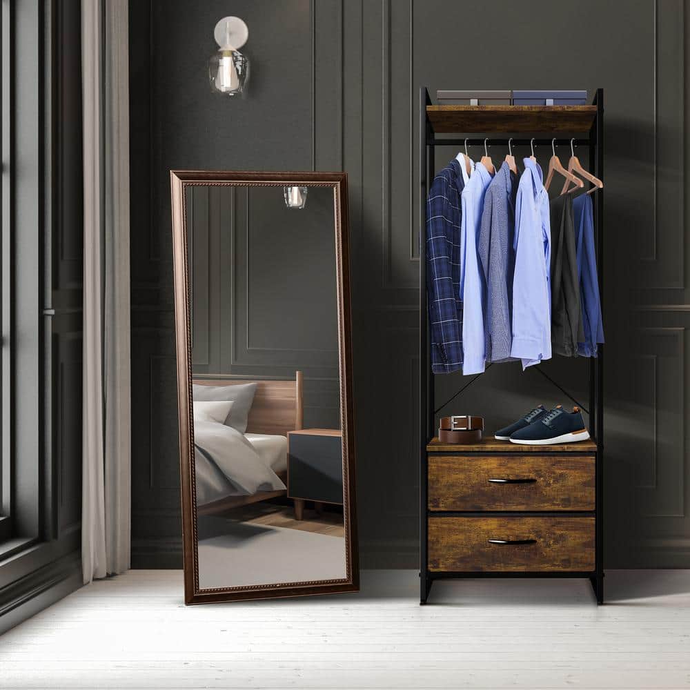 Portable Black Steel and Wood Garment Rack with Drawers