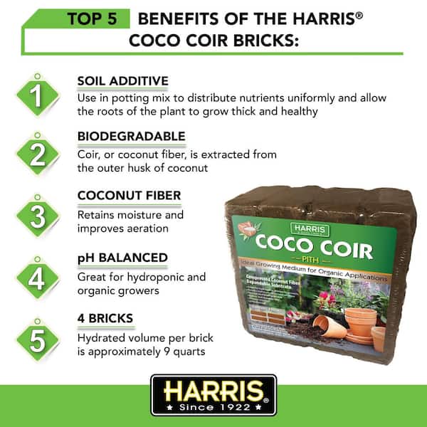 Harris 9 Gal. Expanding Coco Coir Pith (4 Brick pack) & 4Qt