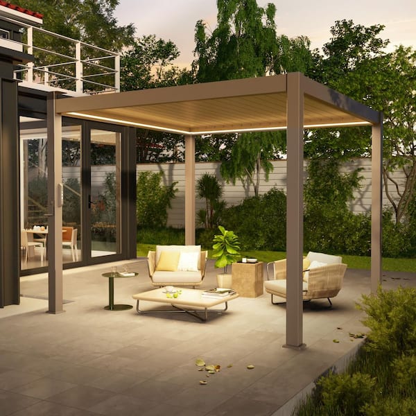 10 ft. x 10 ft. Modern Aluminum Pergola with Adjustable Louvers, LED Lights, and Solar Charging, Dark Brown
