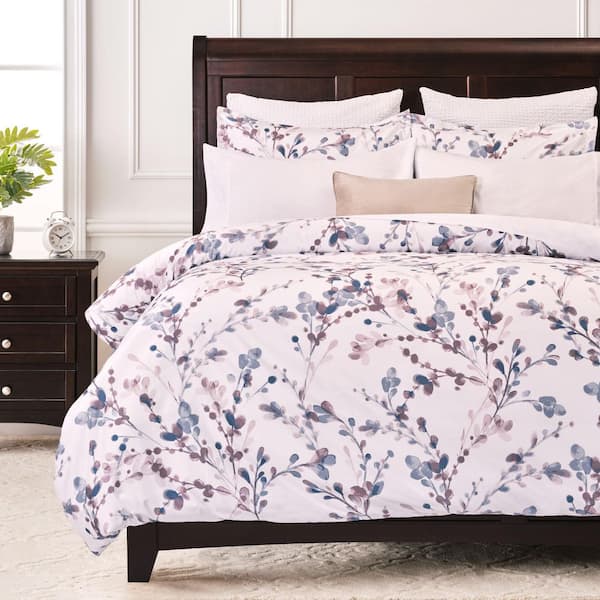 CHANASYA Chanasya 3-Piece Watercolor Floral Buds Print Microfiber Duvet Cover Set, Queen