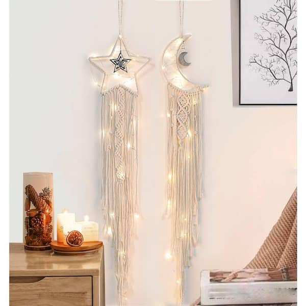 42 in. x 7.8 in. White Star Moon Dream Catcher with Lights-Cotton Macrame Wall Hanging Decor for Girls, Teens, Boys