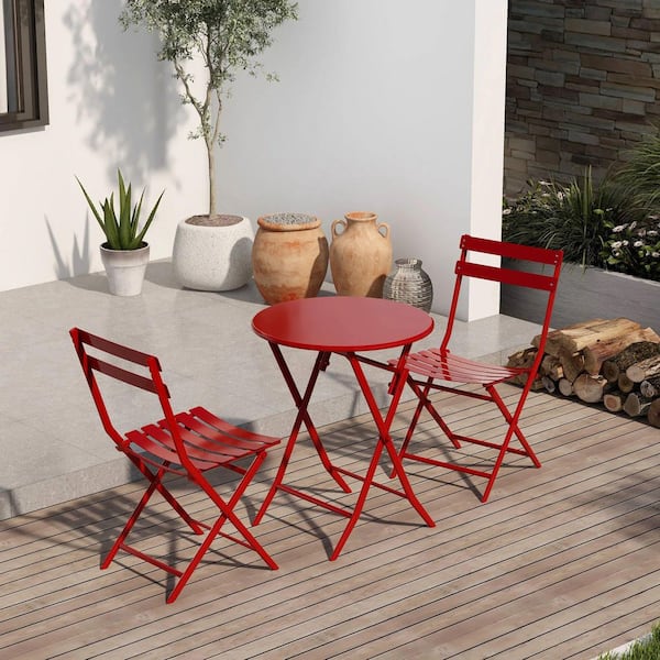 Oyezvary 3-Piece Red Metal Outdoor Bistro Set with Foldable Round Table & Chairs