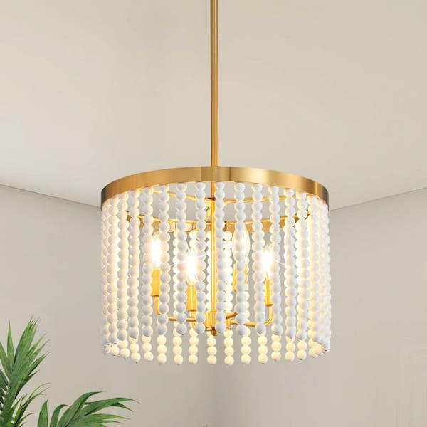 KAISITE 18 in. 4-Light Gold Rustic Adjustable Coastal Boho White Wood Beaded Linear Chandelier Light Fixture For Kitchen Island