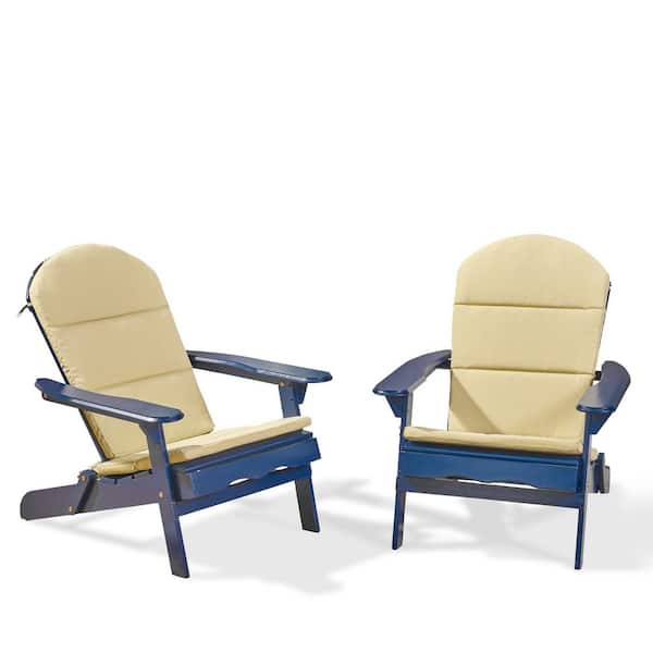 Noble House Malibu Navy Blue Folding Wood Adirondack Chairs with Khaki Cushions (2-Pack)
