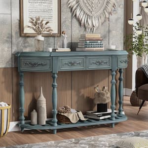Classic 52 in. Antique Blue Specialty Curved Shape MDF Console Table Entryway Table with 4 Drawers and Storage Shelf