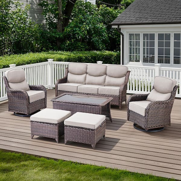 Arcadia Brown 6-Piece Wicker Patio Conversation Set with Swivel Gliders and 6 in. Thick Olefin Beige Cushions