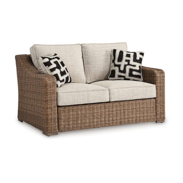 Tira Aluminum Outdoor Loveseat with Handwoven Resin Wicker Beige Cushions