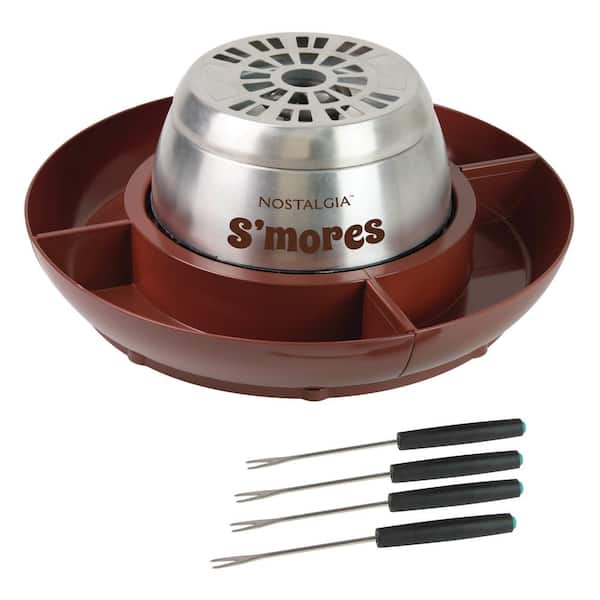 Nostalgia Indoor Electric Stainless Steel S'mores Maker with 4 Lazy Susan Compartment Trays and 4 Roasting Forks