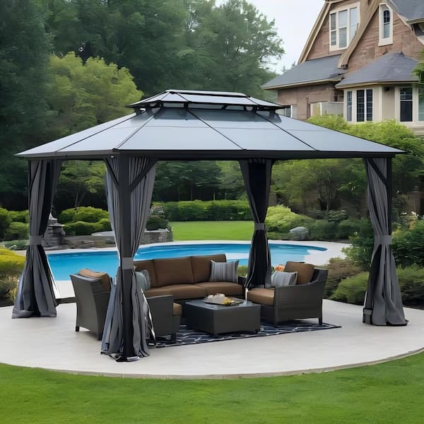 Clihome 10 ft. x 13 ft. Black Outdoor Gazebo with Netting and Curtains