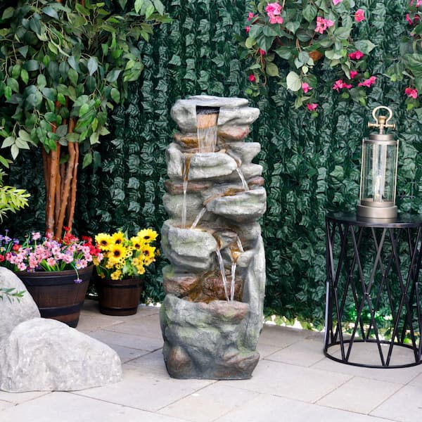 Alpine Corporation 39 in. Tall Multitiered Rock Waterfalls Floor