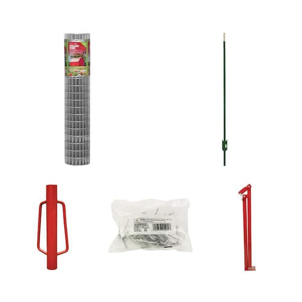6 ft. x 100 ft. 14-Gauge Welded Wire, 8 ft. Steel T-Post, Post Driver, Clips (25 per Bag) and Fence Puller Combo