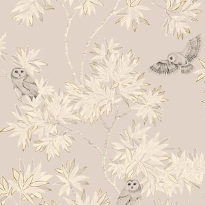 Metallic Natural Beige Parliament Owls Unpasted Wallpaper Roll (Covers 56 sq. ft.)