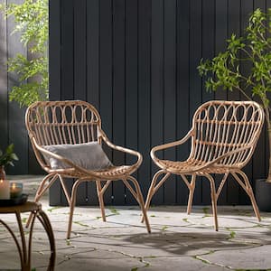 Light Brown Faux Rattan Wicker Iron Outdoor Bar Stool, Set of 2