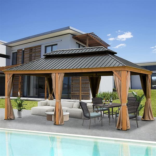 12 ft. x 18 ft. Wooden Coated Aluminum Frame Patio Gazebo with Galvanized Steel Hardtop Roof Pavilion with Curtain, Net