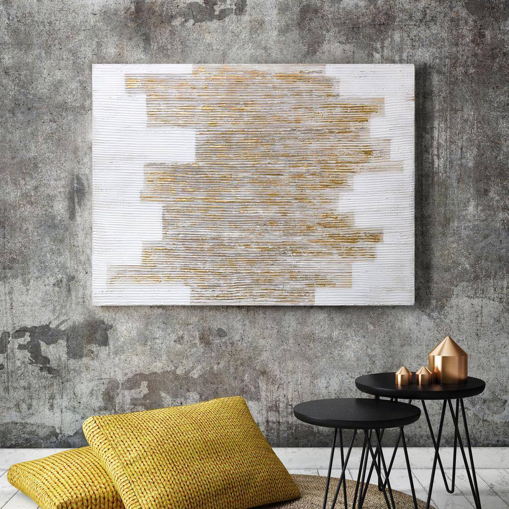 The City White and Gold Abstract Hand Painted Canvas Wall Art, 40" x 30"