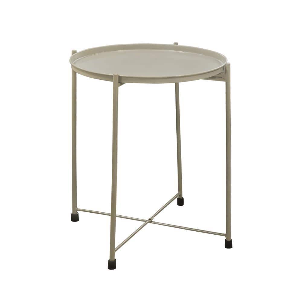 Beige 18" Round Metal Tray Top Foldable Side Table