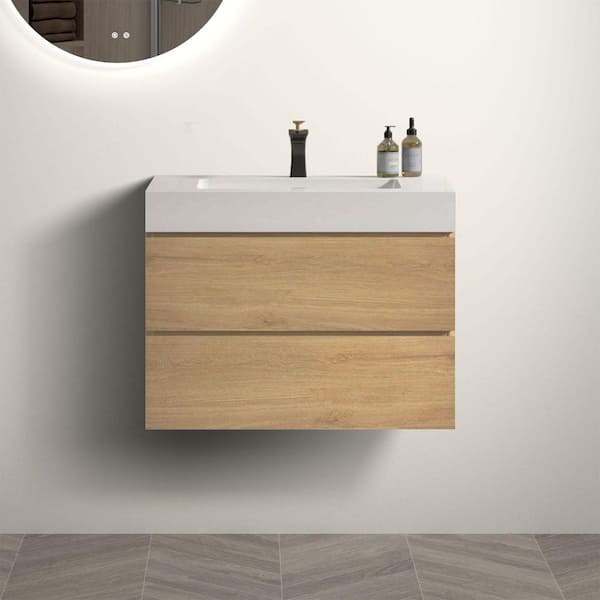 NOBLE 30 in. W x 18 in. D x 25 in. H Single Sink Freestanding Bath Vanity in Oak with White Solid Surface Integral Top