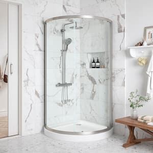Breeze 38 in. L x 38 in. W x 76.97 in. H Corner Shower Kit with Clear Framed Sliding Door in Satin Nickel and Shower Pan