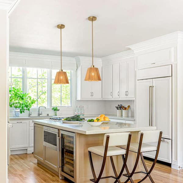 60-Watt 1-Light Brass Pendant Light Fixture with Hemp Paper Rope Shade