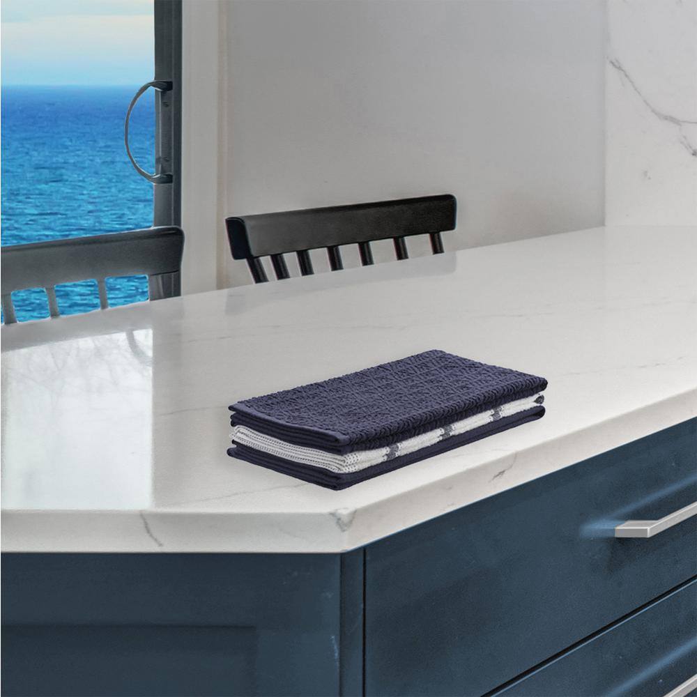 Navy and White Striped Cotton Kitchen Towels Set of 3