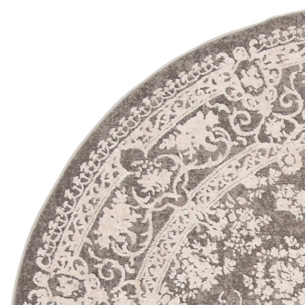 Round Dark Grey and Cream Synthetic Floral Area Rug