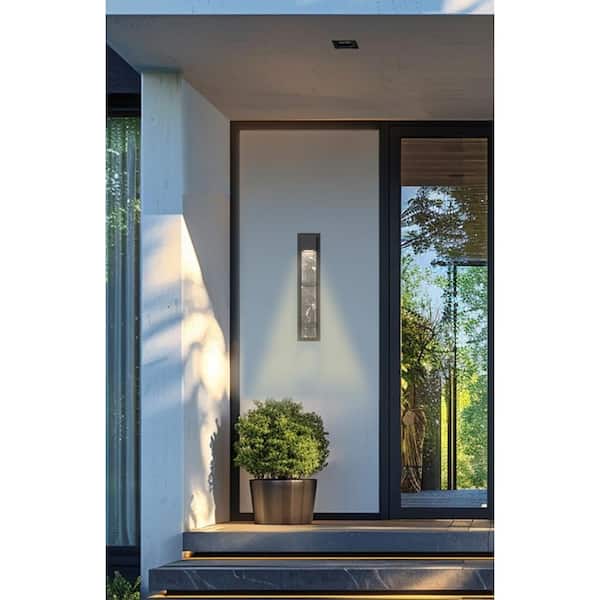 Sol 24 in. Sand Black Outdoor Hardwired Coach Wall Sconce with LED Included and Rock Crystallite Glass Shades