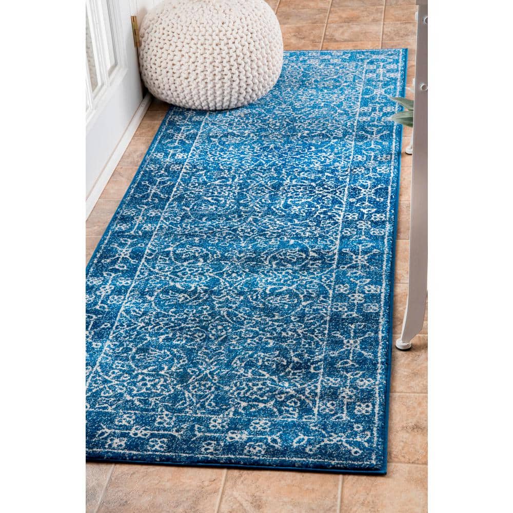 Dark Blue Vintage Polypropylene Runner Rug, 2' 8" x 8'