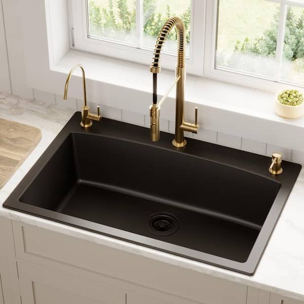 Drop-In Quartz/Granite Composite 33 in. 1-Hole Single Bowl Kitchen Sink in Black