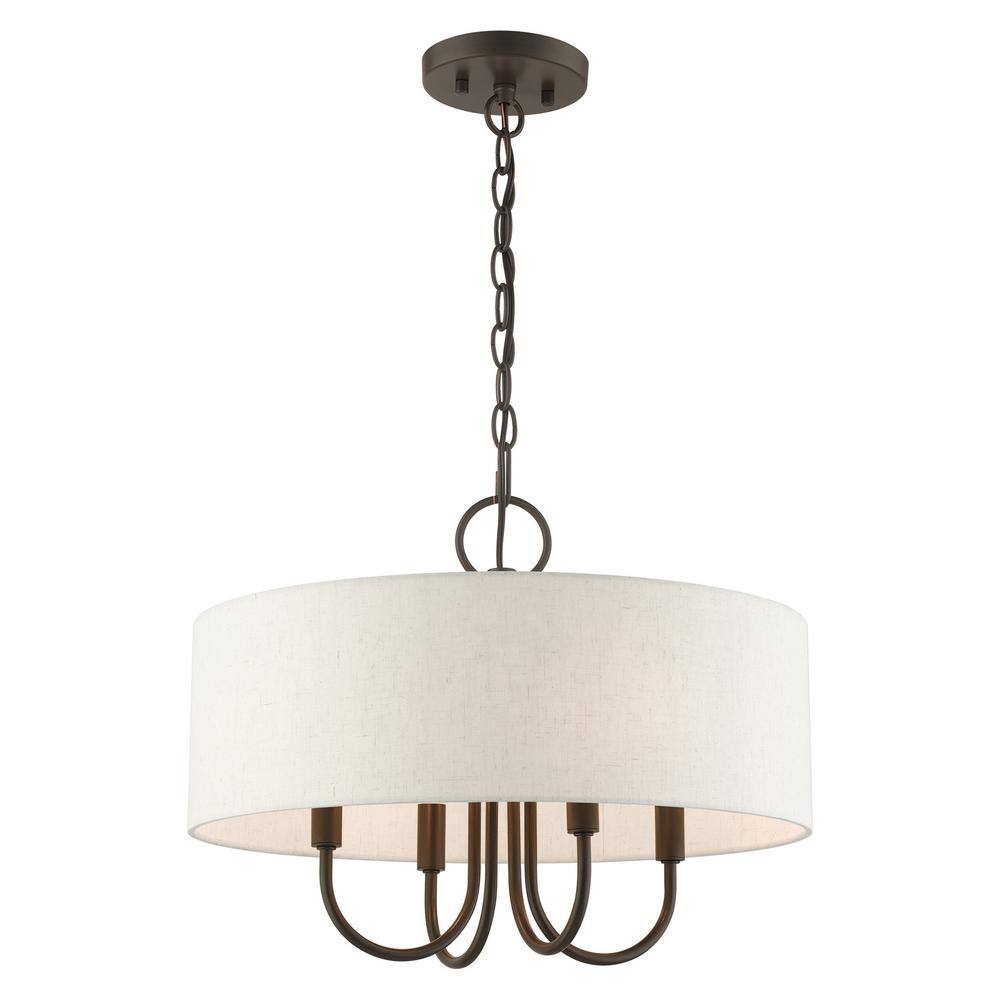 Mini Bronze Drum 4-Light Pendant Chandelier with Oatmeal Shade