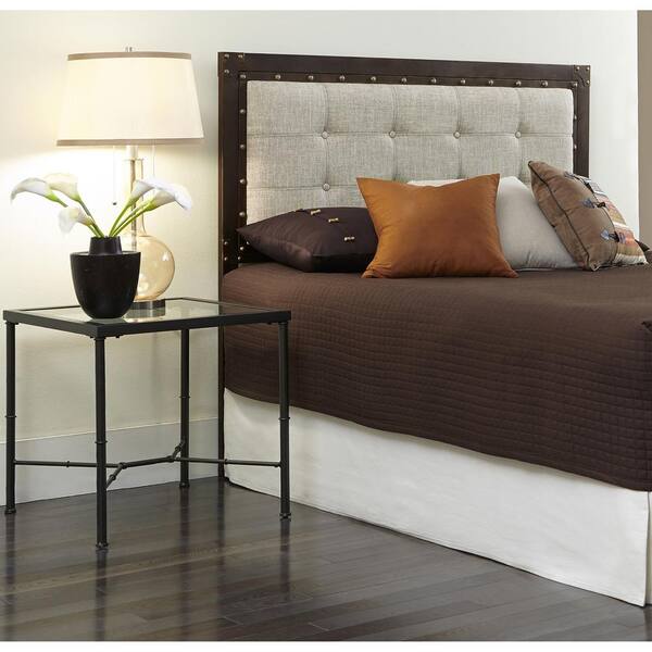 Fashion Bed Group Gotham King-Size Metal Headboard with Dark Latte Upholstered Panel and Antique Industrial Studs in Brushed Copper