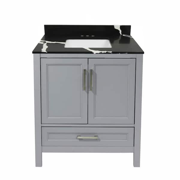 Amluxx Salerno 31 in. W x 22 in. D Bath Vanity in Grey with Quartz Stone Vanity Top in Calacatta Black with White Basin