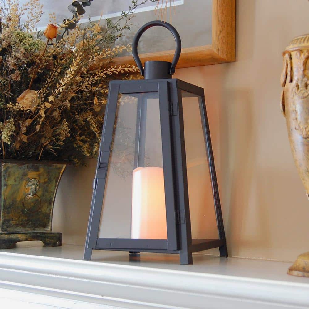 Black Metal Tabletop Lantern with Amber LED Candle