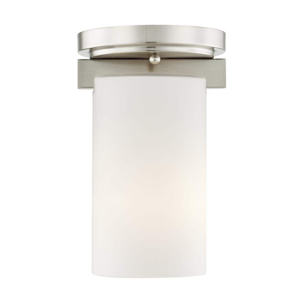 Delray 5 in. 1-Light Brushed Nickel Industrial Flush Mount with Satin Opal White Glass and No Bulbs Included
