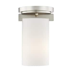 Delray 5 in. 1-Light Brushed Nickel Industrial Flush Mount with Satin Opal White Glass and No Bulbs Included
