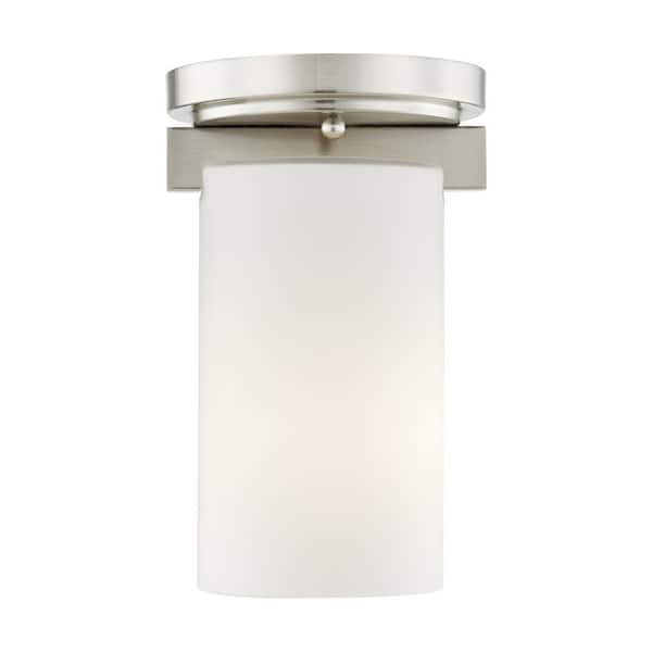 Livex Lighting Delray 5 in. 1-Light Brushed Nickel Industrial Flush Mount with Satin Opal White Glass and No Bulbs Included