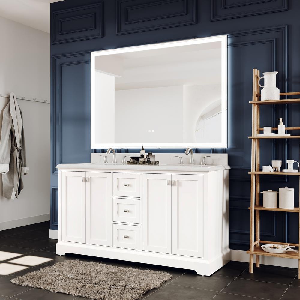 60'' White Double Freestanding Bathroom Vanity with Marble Top