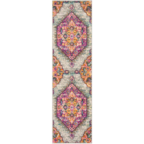 Madison Light Gray/Fuchsia 2 ft. x 12 ft. Border Floral Striped Runner Rug
