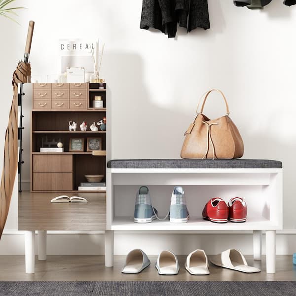 FUFU&GAGA 35.4 in. W Gloss Mirrored Shoe Storage Bench With Mirrored Door Cabinet, Upholstery Bench