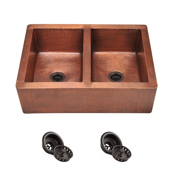 MR Direct Farmhouse Apron Front Copper 35 in. Double Bowl Kitchen Sink with Strainers
