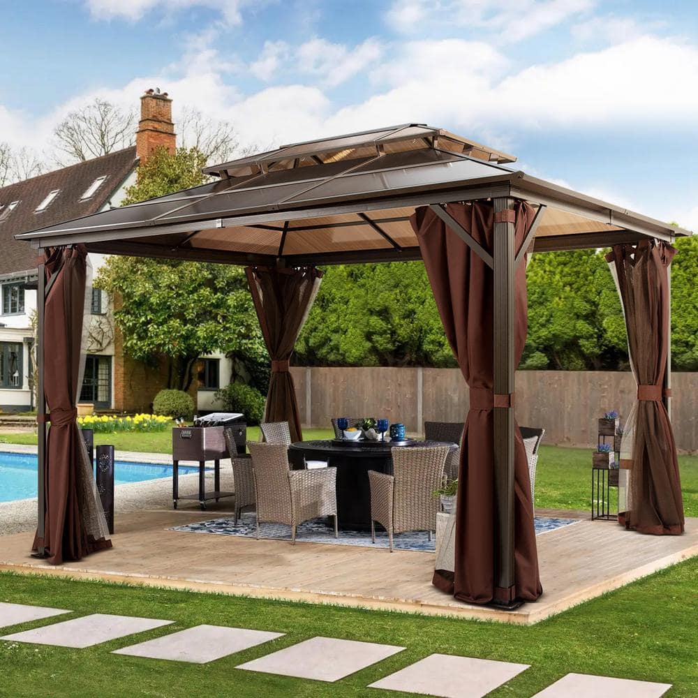 10x13 Brown Aluminum Patio Gazebo with Polycarbonate Roof