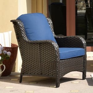 Joyoung Brown 2-Piece Wicker Outdoor Patio Sectional Conversation Seating Set with Navy Blue Cushions