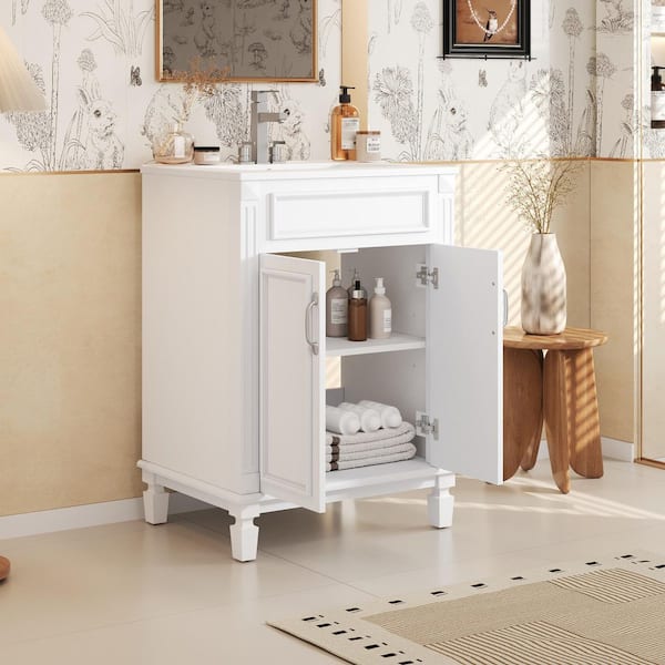 Ziyudura 24 in. Single Sink Freestanding White Bath Vanity with