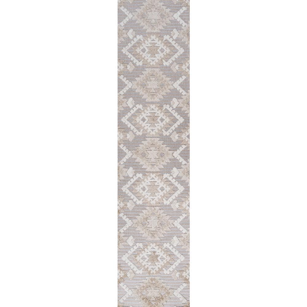 Sumak High-Low Pile Beige/Gray Geometric Indoor/Outdoor Runner Rug
