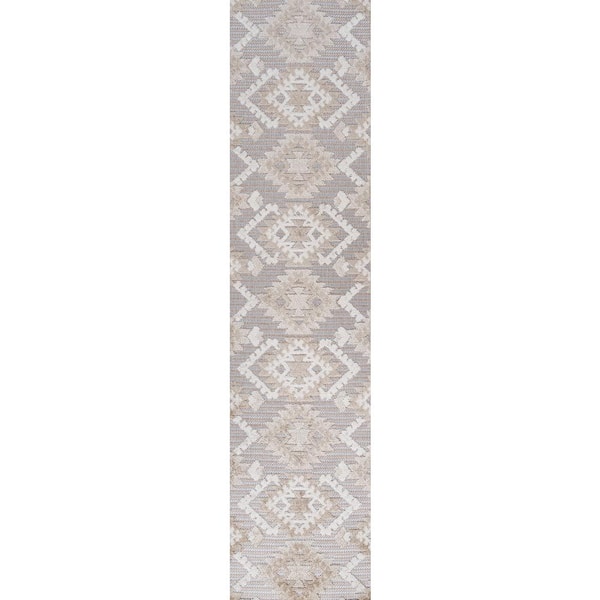 Sumak High-Low Pile Neutral Diamond Kilim Beige/Gray 2 ft. x 10 ft. Indoor/Outdoor Runner Rug