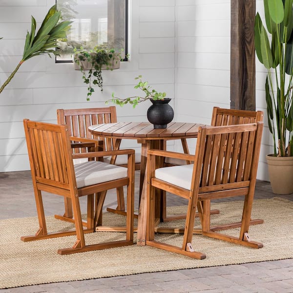 Walker Edison Furniture Company Brown 5-Piece Modern Slatted Wood Geometric Outdoor Dining Set with Bisque Cushions